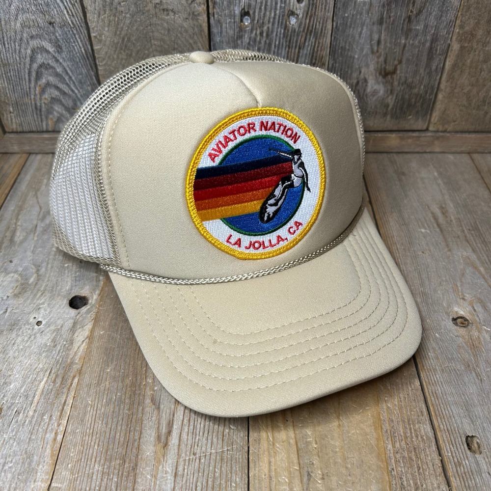 Aviator Nation La Jolla CA Trucker Hat Tan Mesh Snapback Surf Small Spot Brim